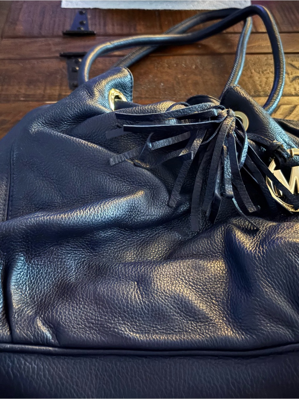 Michael Kors Deep Navy Pebbled Leather Drawstring Shoulder Bag with Tassel
